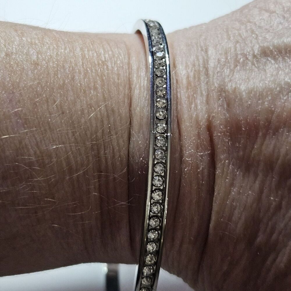 Silver Tone Clear Rhinestone Bangle Bracelet 8.75"